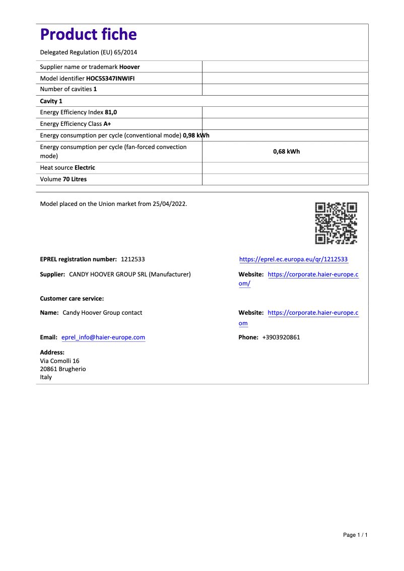 Page n°1 - Fiche technique Hoover H-OVEN 500 HOC5S347INWIFI