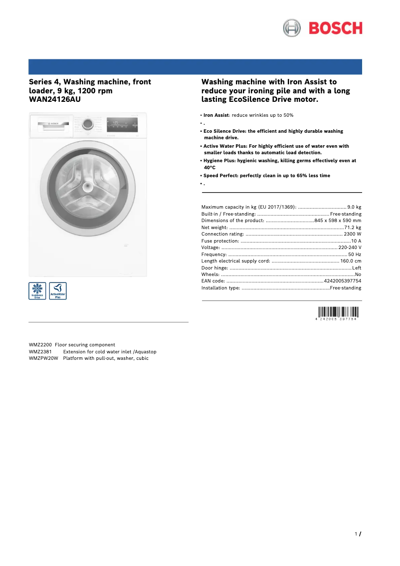 Página 1 del manual Ficha técnica Bosch WAN24126AU