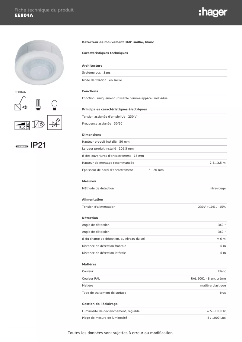 Page 1 de la notice Fiche technique Hager EE804A