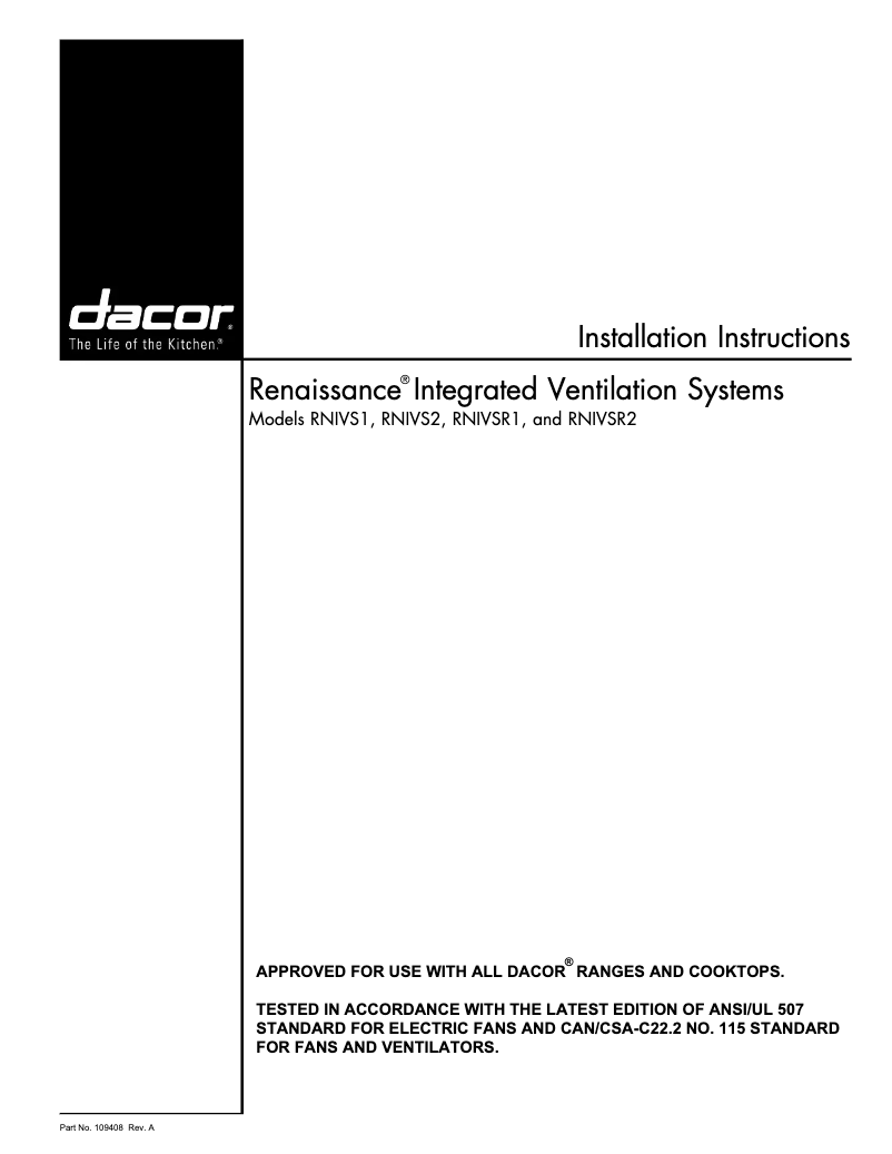 Page 1 de la notice Guide d'installation Dacor RNIVS1