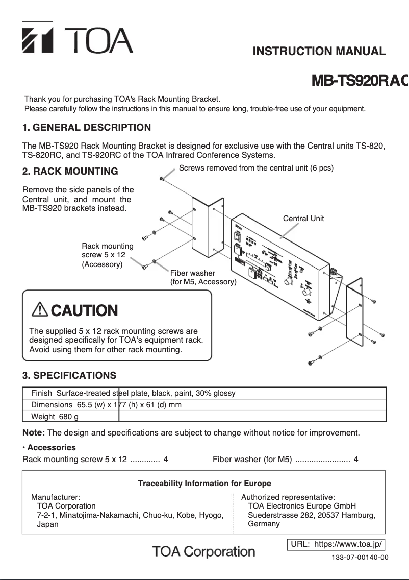 Page 1 de la notice Manuel utilisateur TOA MB-TS920