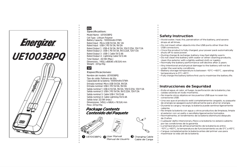 Página 1 del manual Manual de usuario Energizer UE10038PQ