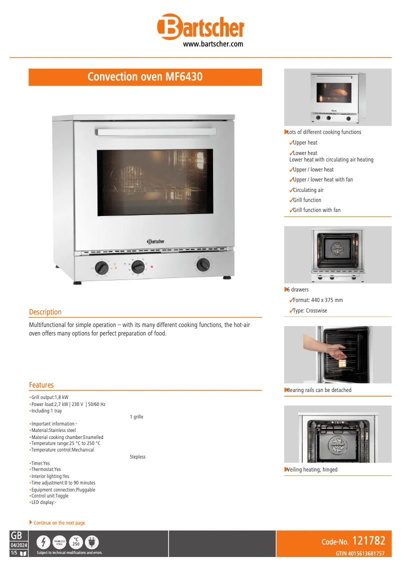 Page 1 de la notice Fiche technique Bartscher MF6430