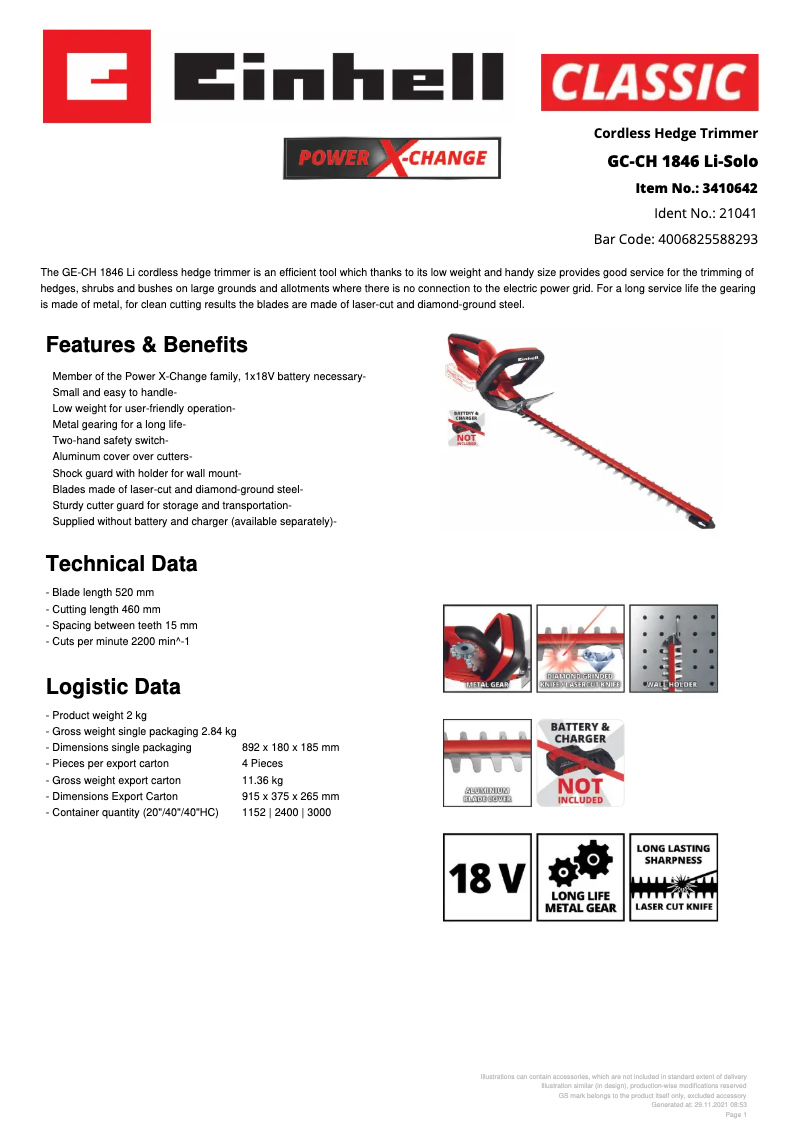 Page n°1 - Fiche technique Einhell GC-CH 1846 Li-Solo