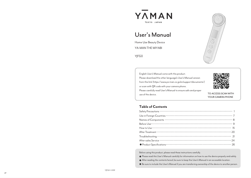 Page 1 de la notice Manuel utilisateur YA-MAN THE MIYABI