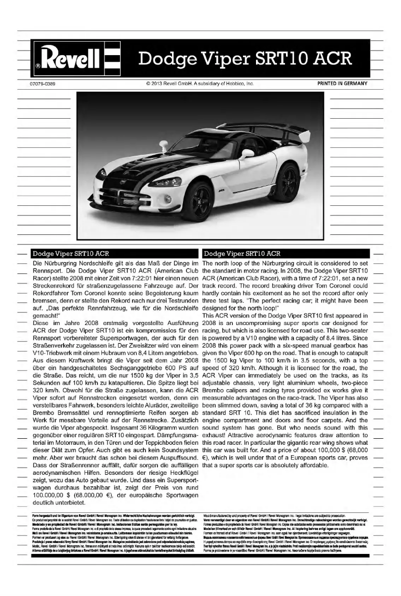 Page n°1 - Manuel utilisateur Revell Dodge Viper SRT10 ACR