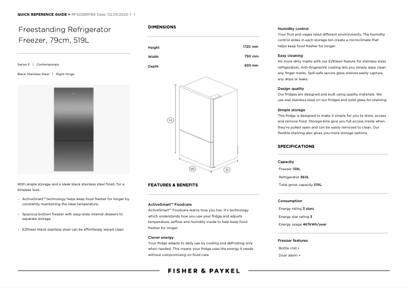 Page n°1 - Fiche technique Fisher & Paykel RF522BRPB6