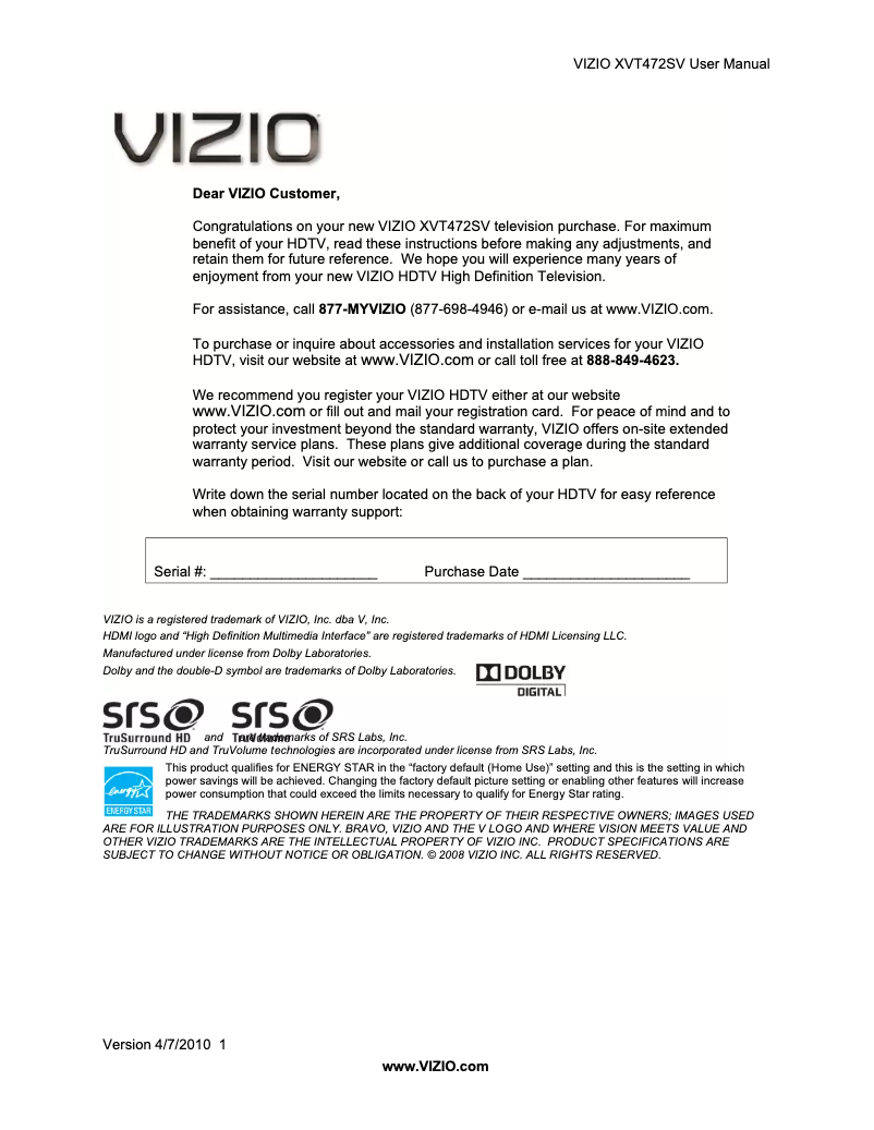 Page 1 de la notice Manuel utilisateur VIZIO XVT472SV