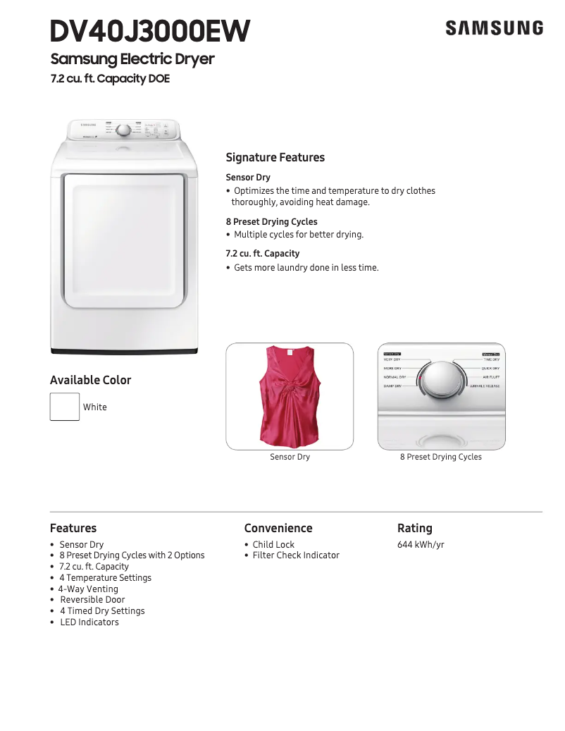 Page n°1 - Fiche technique Samsung DV40J3000E