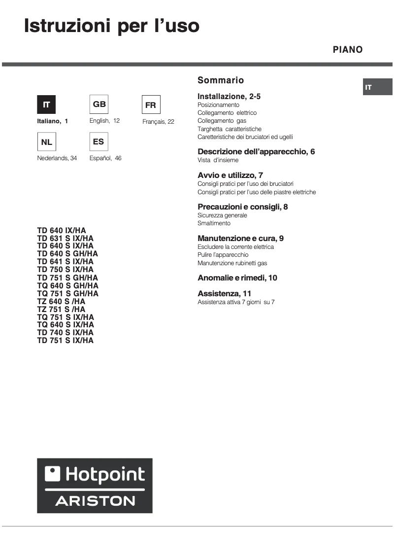 Page 1 de la notice Manuel utilisateur Hotpoint Ariston TQ 640 S (ICE) IX/HA