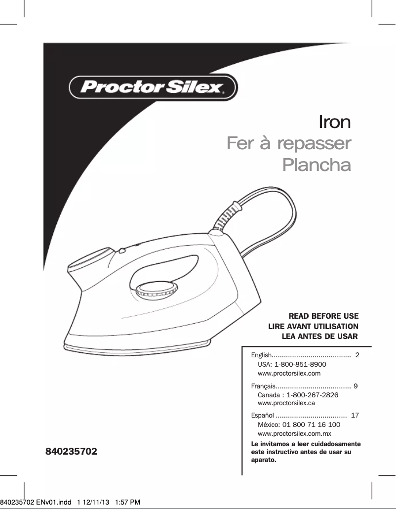 Page n°1 - Manuel utilisateur Proctor Silex 17325