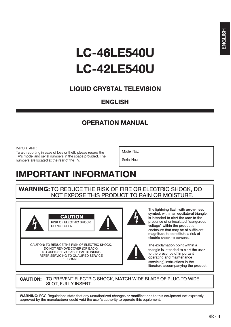 Page 1 de la notice Manuel utilisateur Sharp Aquos LC-42LE540U