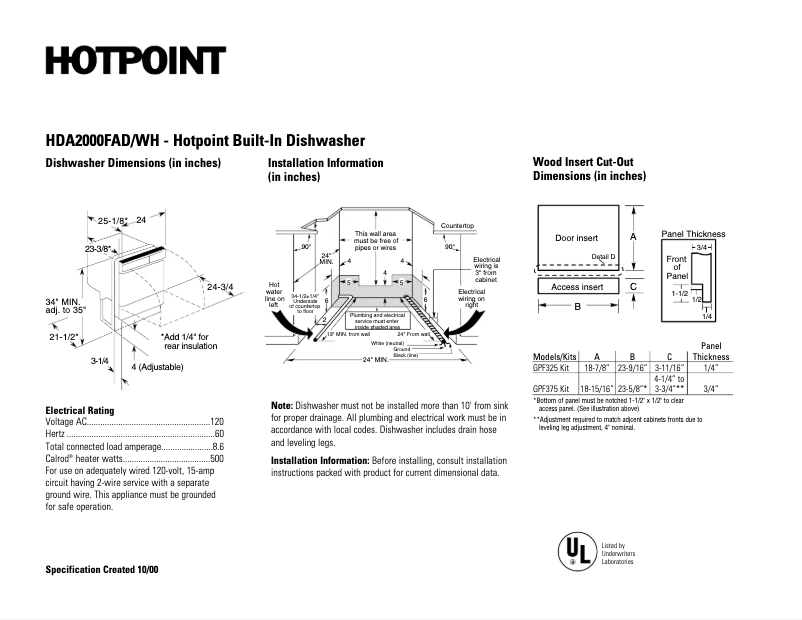 Page n°1 - Fiche technique Hotpoint HDA2000FWH
