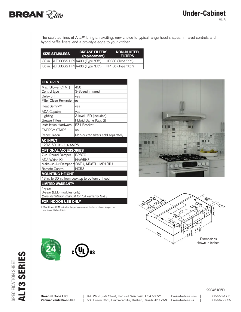 Page 1 de la notice Fiche technique Broan ALT330SS