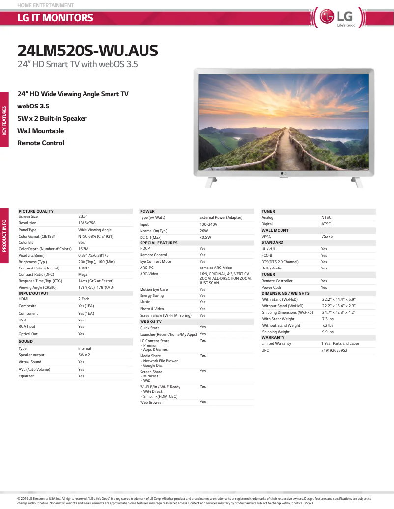 Page n°1 - Fiche technique LG 24LM520S