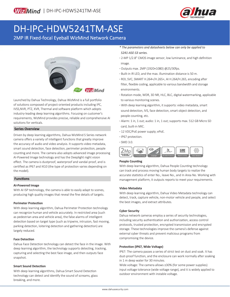 Page n°1 - Fiche technique Dahua Technology IPC-HDW5241TM-ASE