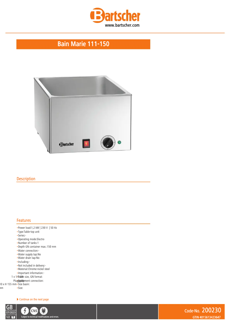 Page 1 de la notice Fiche technique Bartscher 200230