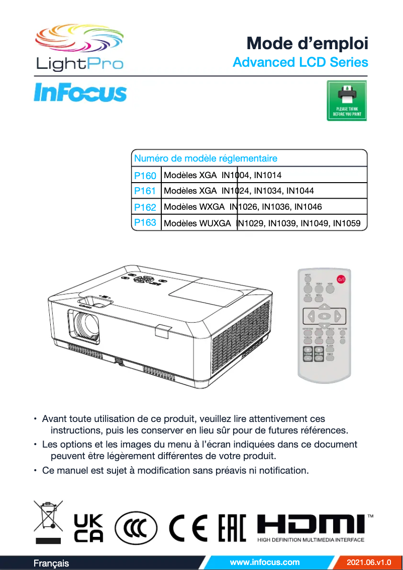 Page 1 de la notice Manuel utilisateur InFocus LightPro IN1039