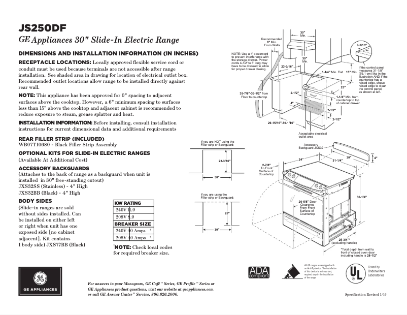 Page n°1 - Fiche technique GE JS250DFBB
