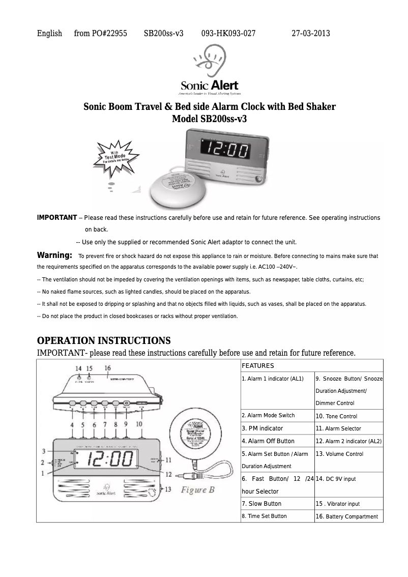 Page n°1 - Manuel utilisateur Sonic Alert SB200ss-v3