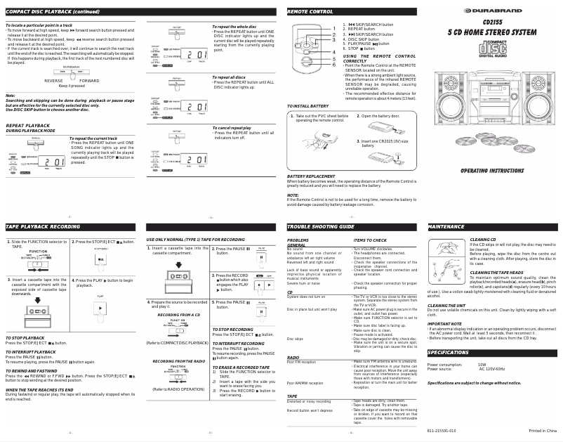 Page 1 de la notice Manuel utilisateur Durabrand CD2155