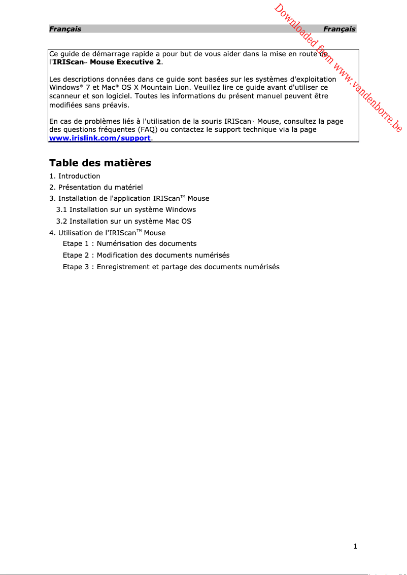 Page 1 de la notice Manuel utilisateur Iris IRIScan Mouse Executive 2