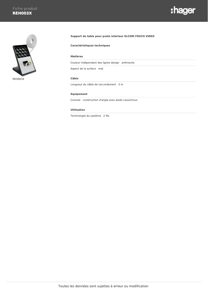 Page 1 de la notice Manuel utilisateur Hager REH003X