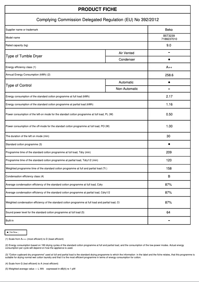 Page 1 de la notice Fiche technique Beko B5T3239