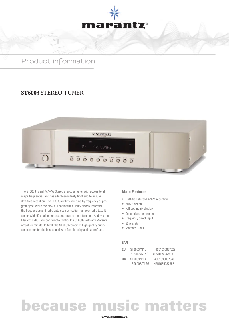 Page 1 de la notice Fiche technique Marantz ST6003
