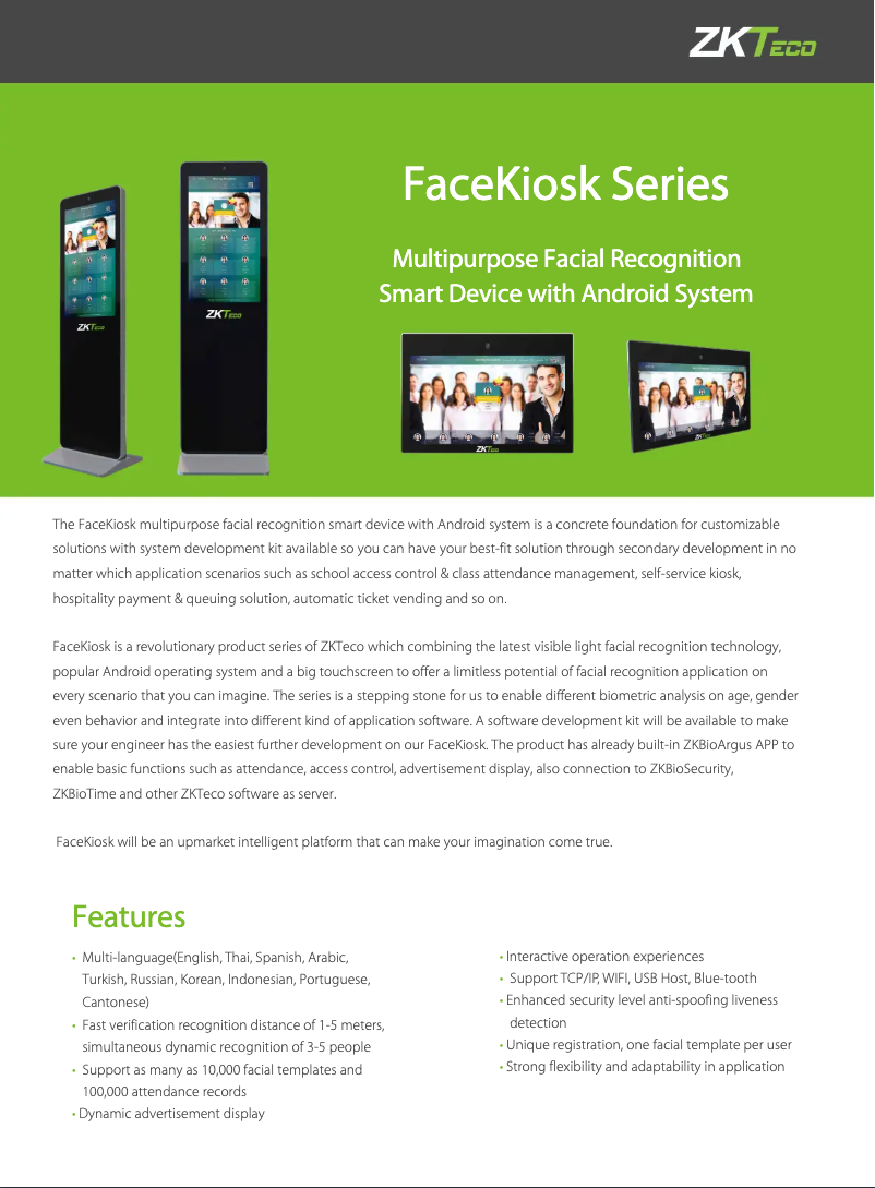 Page 1 de la notice Fiche technique ZKTeco FaceKiosk-H32