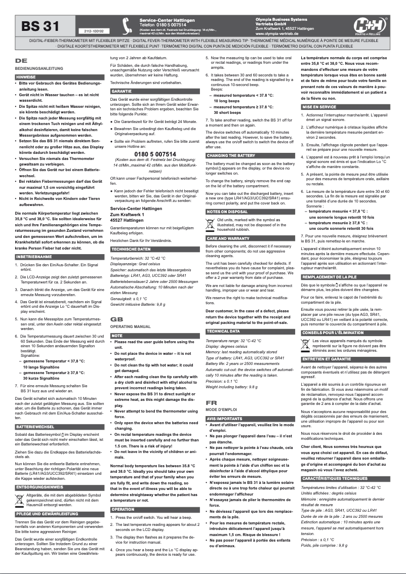 Page 1 de la notice Manuel utilisateur Hartig & Helling BS 31