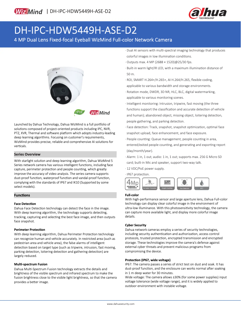 Page 1 de la notice Fiche technique Dahua Technology IPC-HDW5449H-ASE-D2
