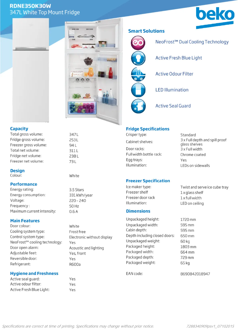 Page 1 de la notice Fiche technique Beko RDNE350K30W