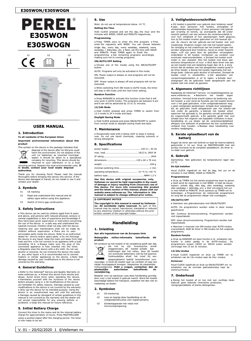 Page 1 de la notice Manuel utilisateur Perel E305WOGN
