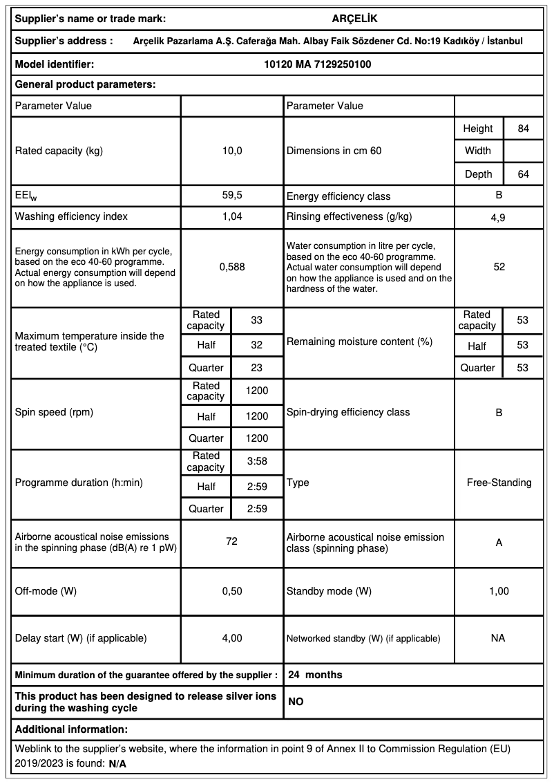 Page 1 de la notice Fiche technique Arçelik 10120 MA