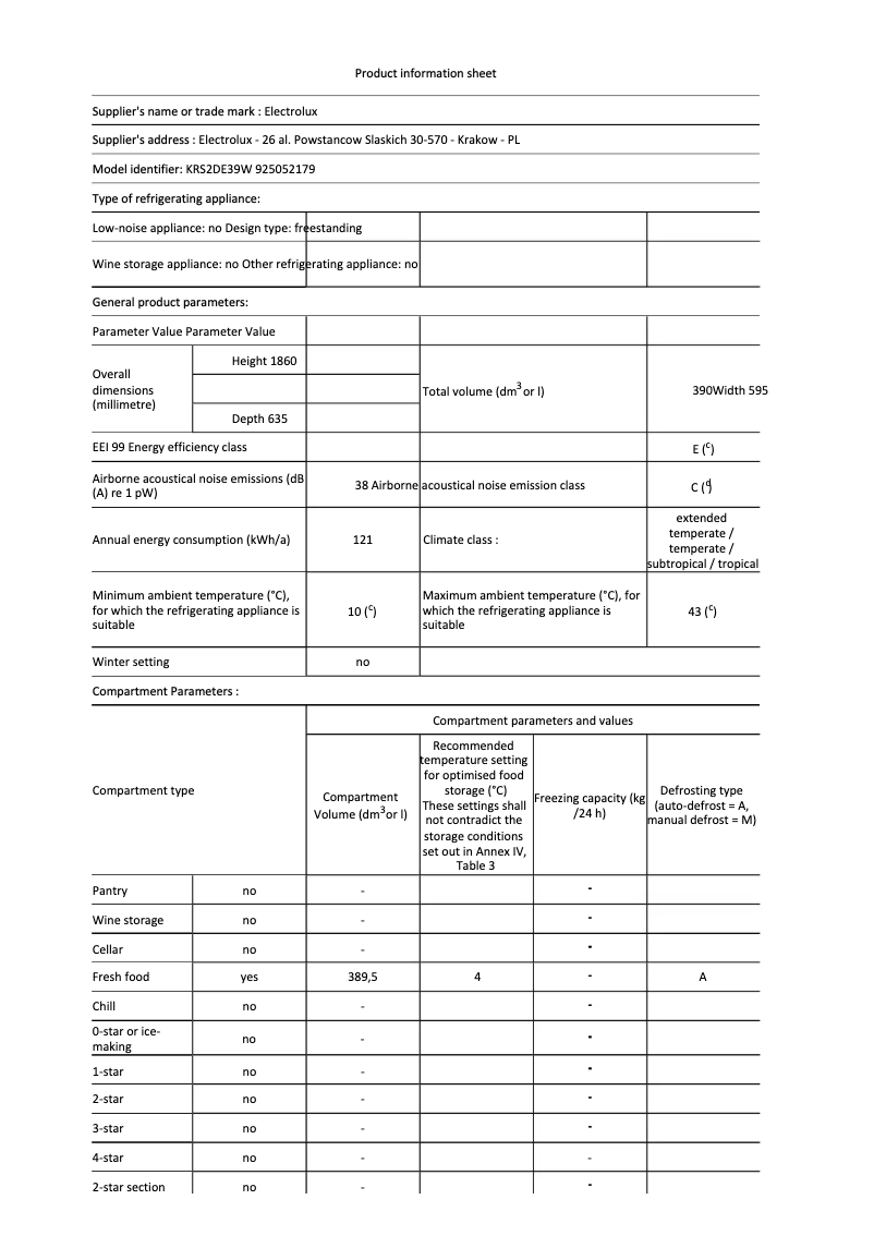 Page 1 de la notice Fiche technique Electrolux KRS2DE39W