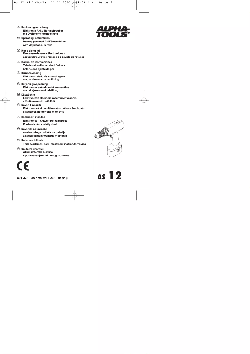 Page 1 de la notice Manuel utilisateur Alpha Tools AS 12