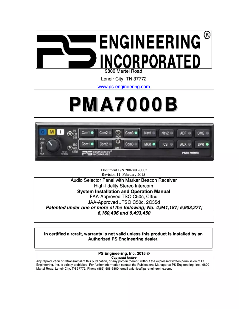 Page n°1 - Manuel utilisateur PS Engineering PMA7000B