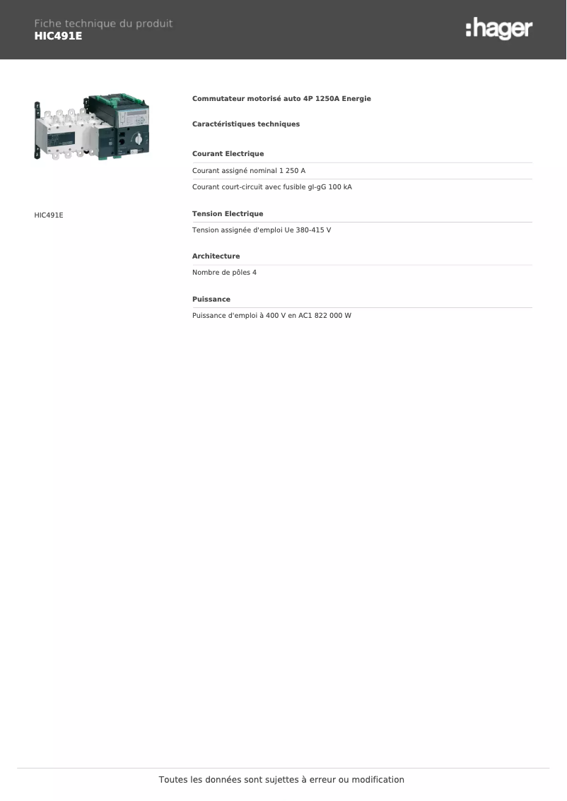 Page n°1 - Fiche technique Hager HIC491E