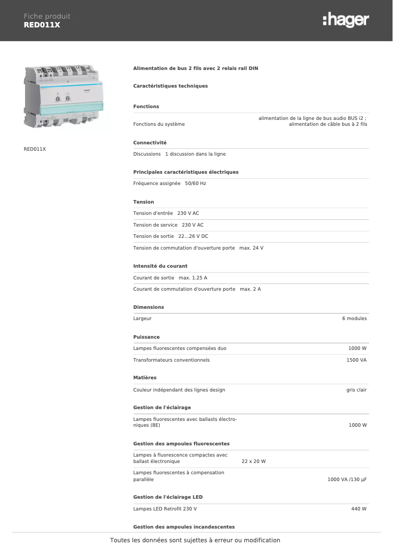 Page 1 de la notice Fiche technique Hager RED011X