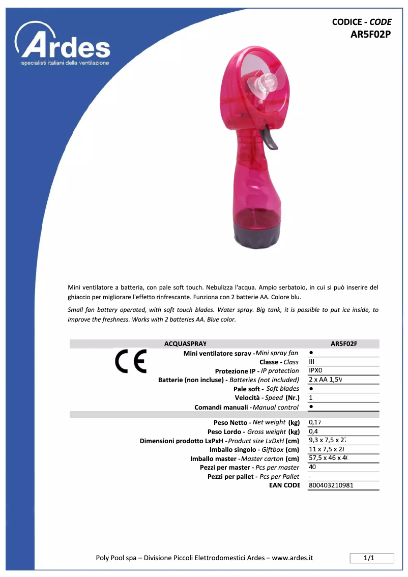 Page 1 de la notice Fiche technique Ardes AR5F02P