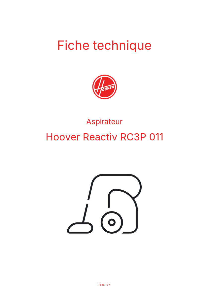 Page n°1 - Fiche technique Hoover Reactiv RC3P 011