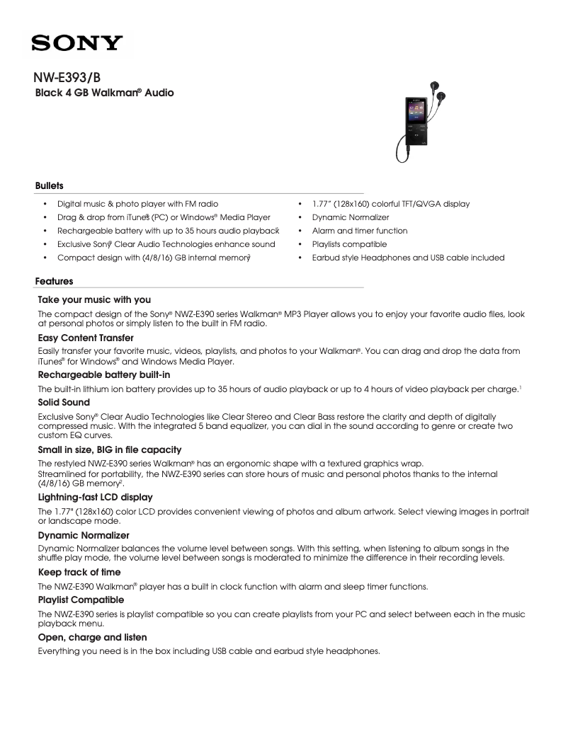 Page 1 de la notice Manuel utilisateur Sony Walkman NW-E393B
