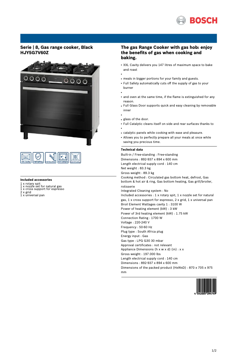 Página 1 del manual Ficha técnica Bosch HJY5G7V60Z