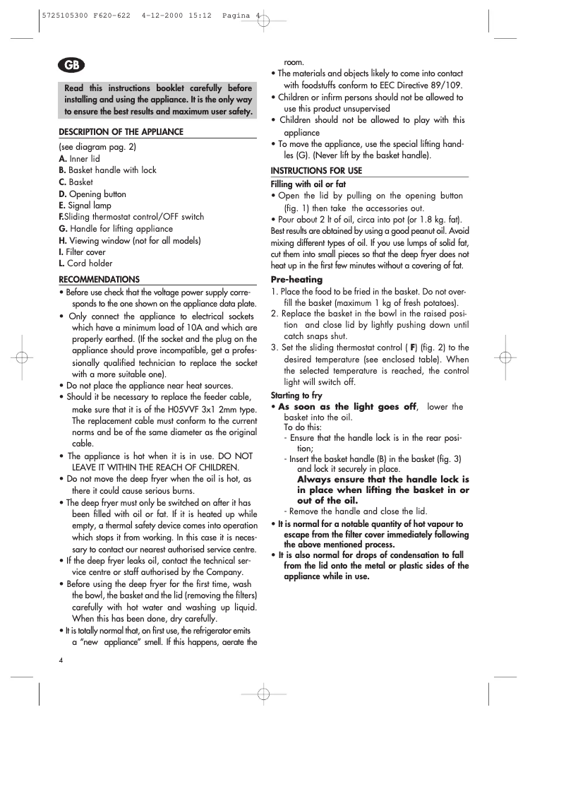 Page 1 de la notice Manuel utilisateur DeLonghi F622