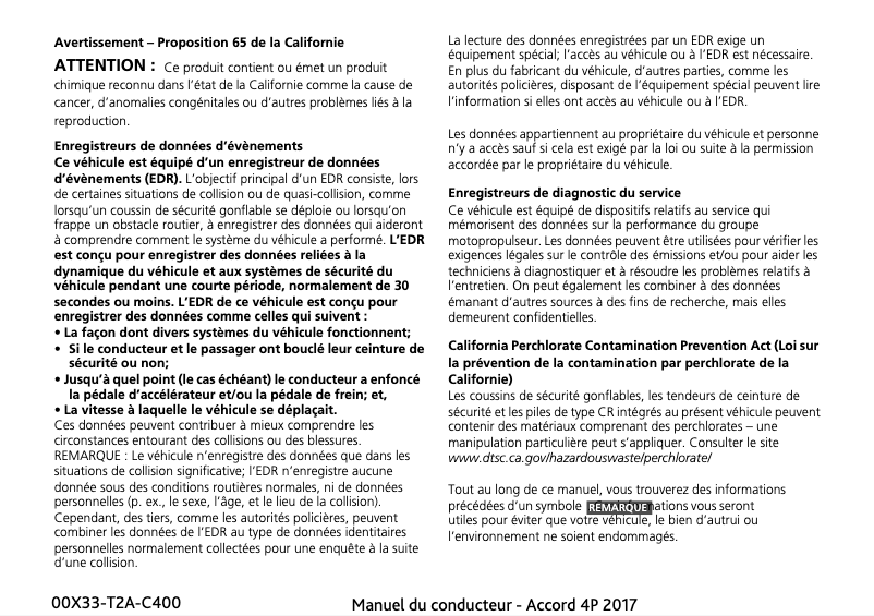 Page 1 de la notice Manuel utilisateur Honda Accord (2017)