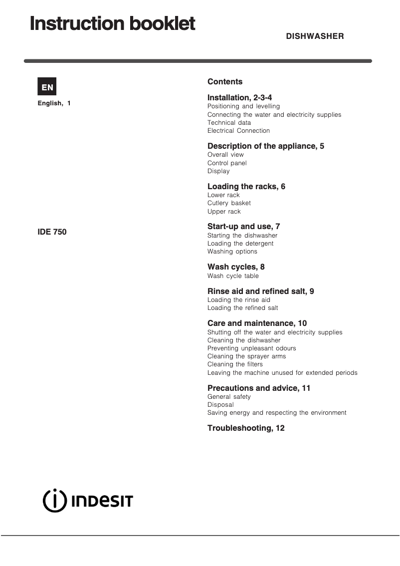 Page n°1 - Manuel utilisateur Indesit IDE 750