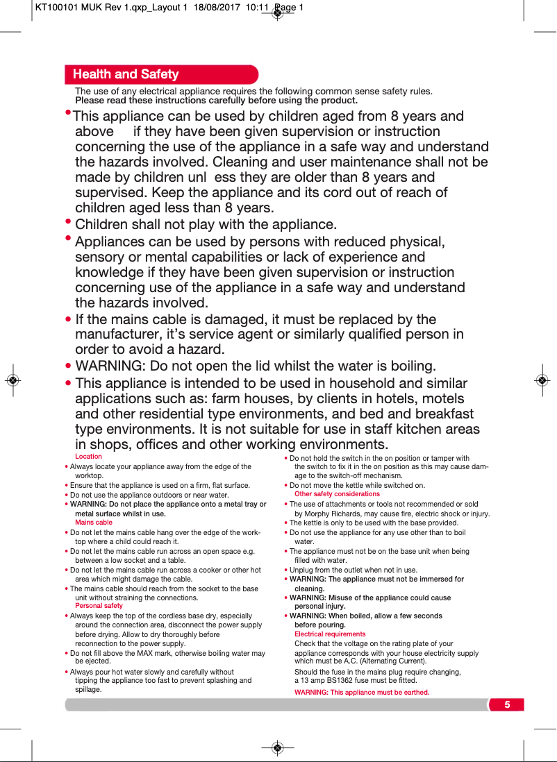 Page 1 de la notice Manuel utilisateur Morphy Richards 100107