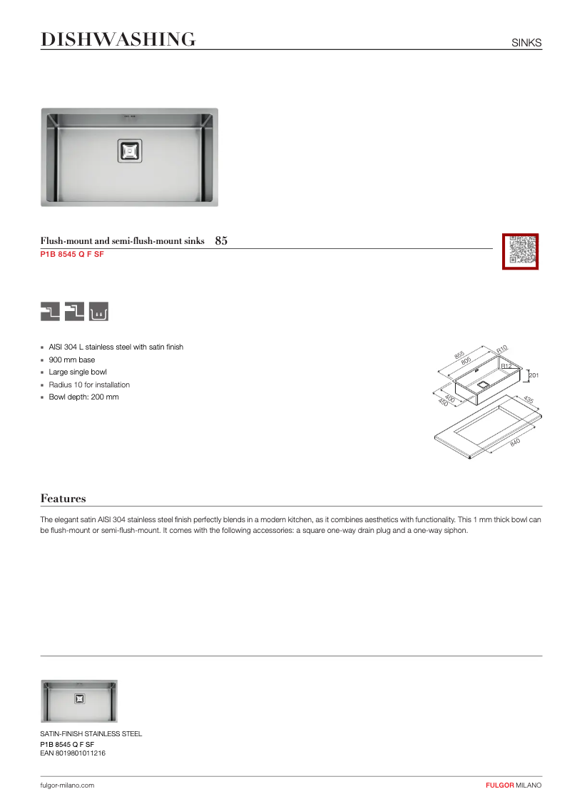 Page 1 de la notice Manuel utilisateur Fulgor Milano P1B 8545 Q F-SF