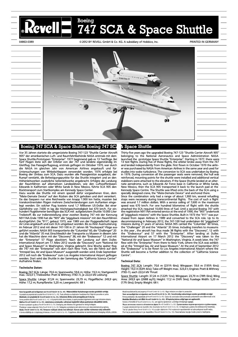 Page n°1 - Manuel utilisateur Revell Boeing 747 SCA & Space Shuttle